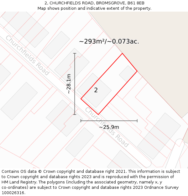 2, CHURCHFIELDS ROAD, BROMSGROVE, B61 8EB: Plot and title map