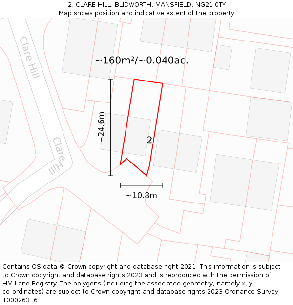 2, CLARE HILL, BLIDWORTH, MANSFIELD, NG21 0TY: Plot and title map
