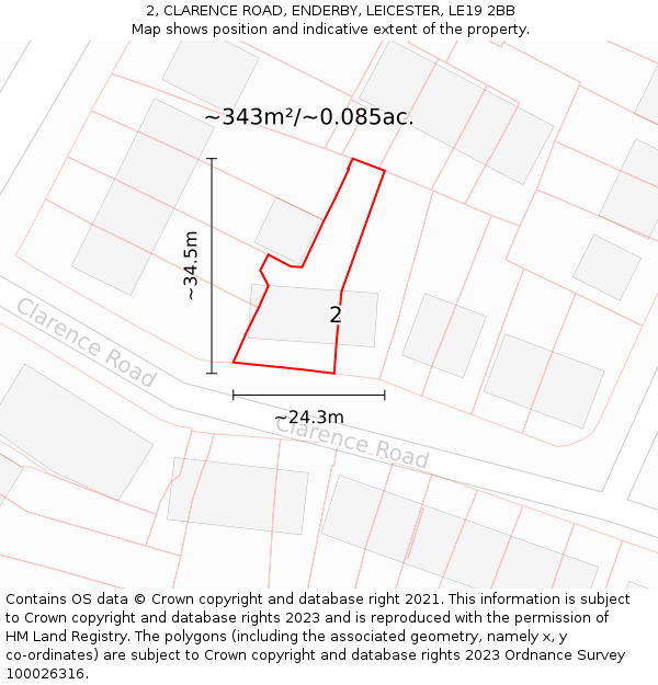 2, CLARENCE ROAD, ENDERBY, LEICESTER, LE19 2BB: Plot and title map