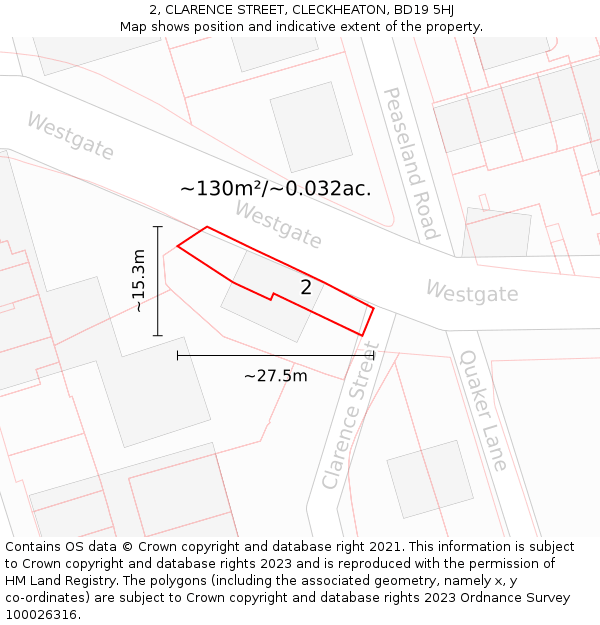 2, CLARENCE STREET, CLECKHEATON, BD19 5HJ: Plot and title map