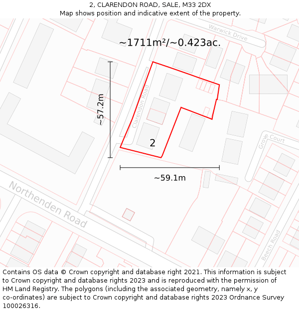 2, CLARENDON ROAD, SALE, M33 2DX: Plot and title map