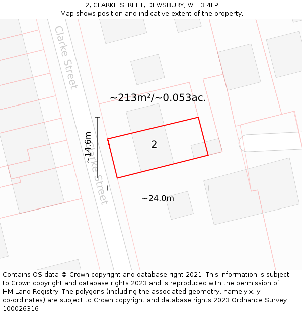 2, CLARKE STREET, DEWSBURY, WF13 4LP: Plot and title map