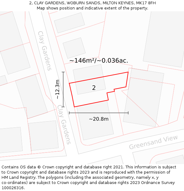 2, CLAY GARDENS, WOBURN SANDS, MILTON KEYNES, MK17 8FH: Plot and title map