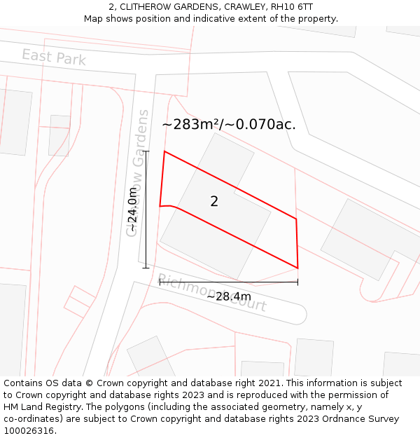 2, CLITHEROW GARDENS, CRAWLEY, RH10 6TT: Plot and title map