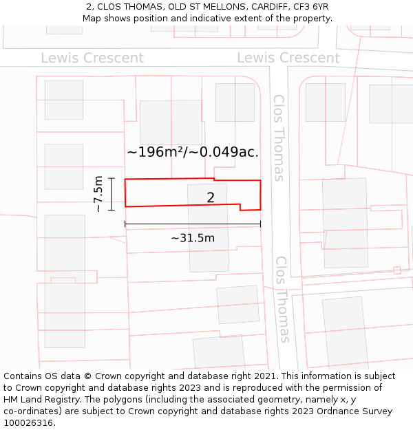 2, CLOS THOMAS, OLD ST MELLONS, CARDIFF, CF3 6YR: Plot and title map