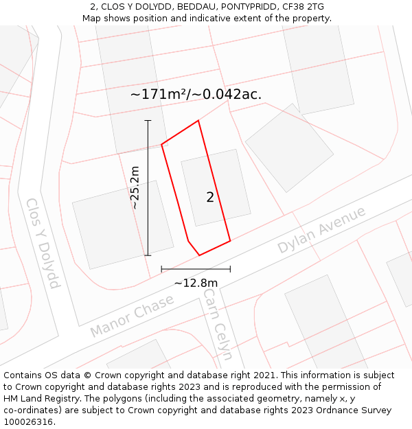 2, CLOS Y DOLYDD, BEDDAU, PONTYPRIDD, CF38 2TG: Plot and title map