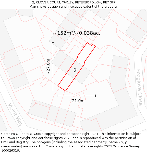 2, CLOVER COURT, YAXLEY, PETERBOROUGH, PE7 3FP: Plot and title map
