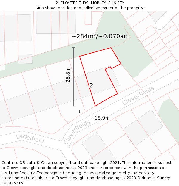 2, CLOVERFIELDS, HORLEY, RH6 9EY: Plot and title map