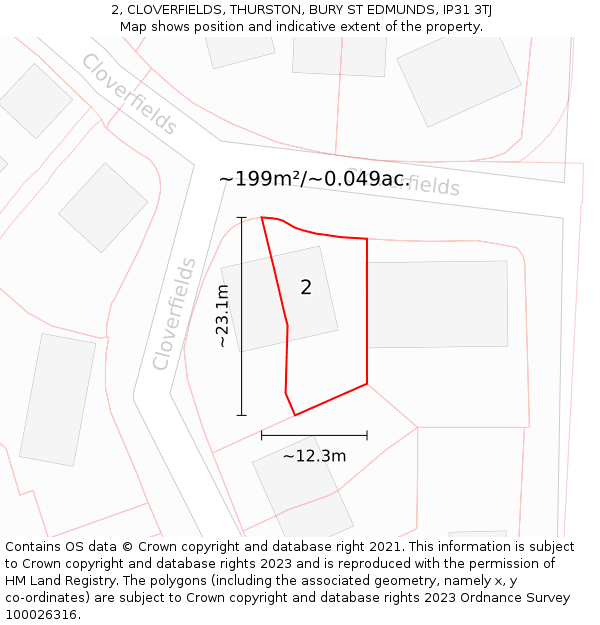 2, CLOVERFIELDS, THURSTON, BURY ST EDMUNDS, IP31 3TJ: Plot and title map
