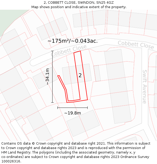 2, COBBETT CLOSE, SWINDON, SN25 4GZ: Plot and title map