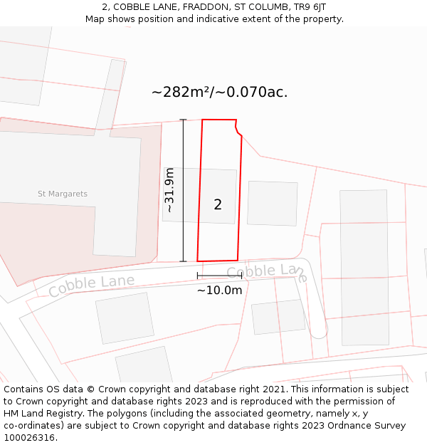 2, COBBLE LANE, FRADDON, ST COLUMB, TR9 6JT: Plot and title map