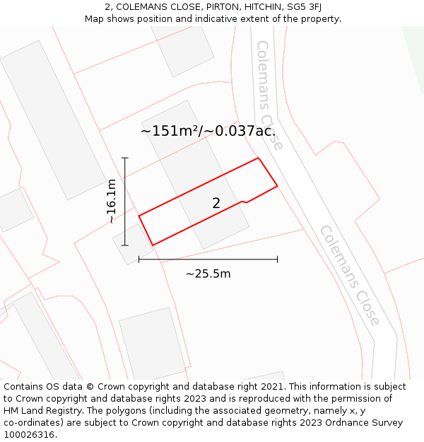 2, COLEMANS CLOSE, PIRTON, HITCHIN, SG5 3FJ: Plot and title map