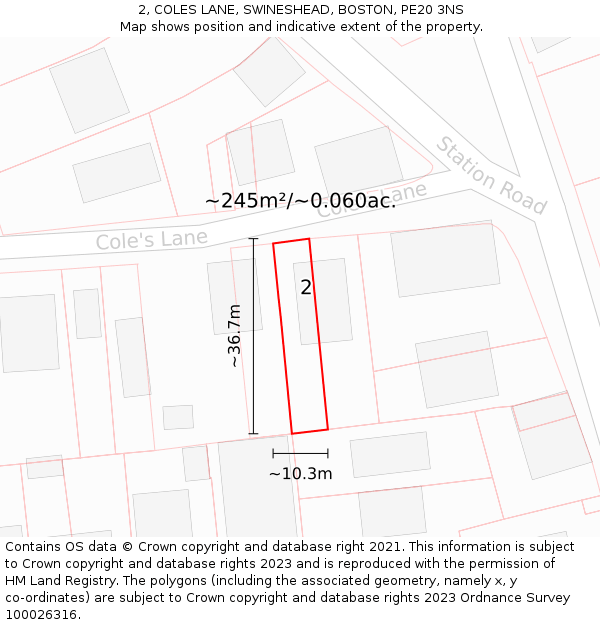 2, COLES LANE, SWINESHEAD, BOSTON, PE20 3NS: Plot and title map