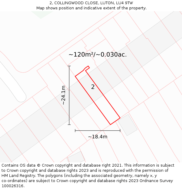 2, COLLINGWOOD CLOSE, LUTON, LU4 9TW: Plot and title map