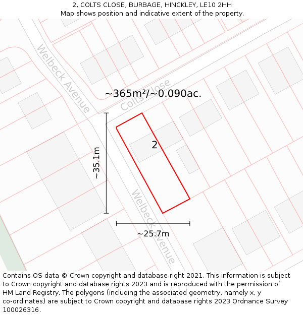 2, COLTS CLOSE, BURBAGE, HINCKLEY, LE10 2HH: Plot and title map