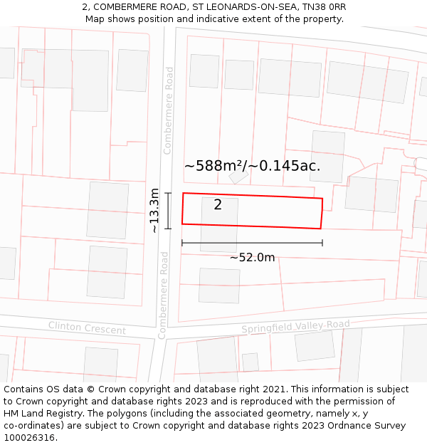2, COMBERMERE ROAD, ST LEONARDS-ON-SEA, TN38 0RR: Plot and title map