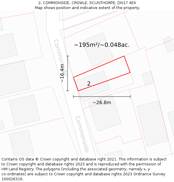 2, COMMONSIDE, CROWLE, SCUNTHORPE, DN17 4EX: Plot and title map