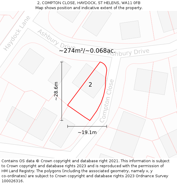 2, COMPTON CLOSE, HAYDOCK, ST HELENS, WA11 0FB: Plot and title map