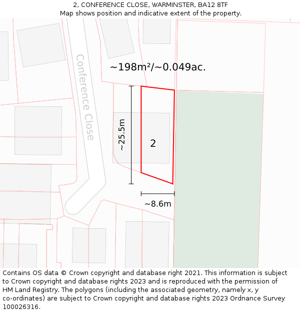 2, CONFERENCE CLOSE, WARMINSTER, BA12 8TF: Plot and title map