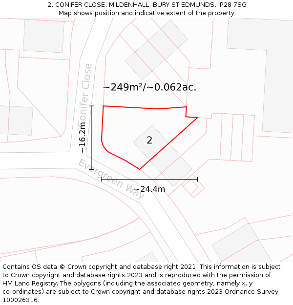 2, CONIFER CLOSE, MILDENHALL, BURY ST EDMUNDS, IP28 7SG: Plot and title map