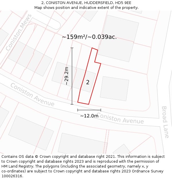 2, CONISTON AVENUE, HUDDERSFIELD, HD5 9EE: Plot and title map