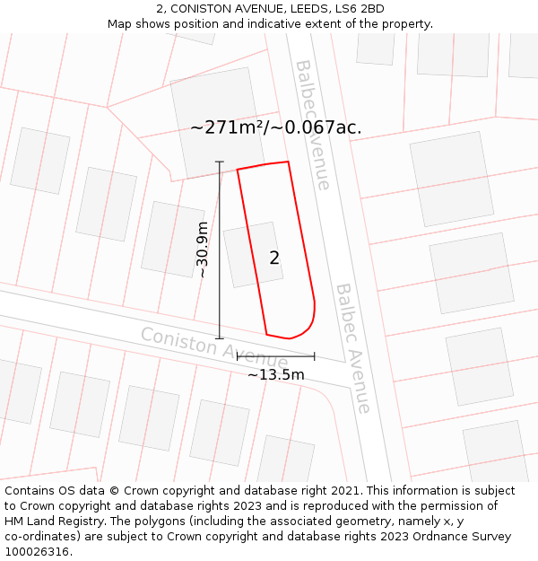 2, CONISTON AVENUE, LEEDS, LS6 2BD: Plot and title map