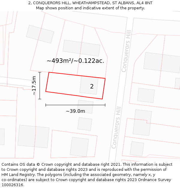 2, CONQUERORS HILL, WHEATHAMPSTEAD, ST ALBANS, AL4 8NT: Plot and title map