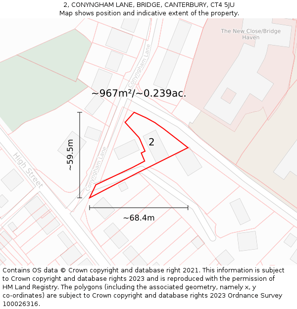 2, CONYNGHAM LANE, BRIDGE, CANTERBURY, CT4 5JU: Plot and title map