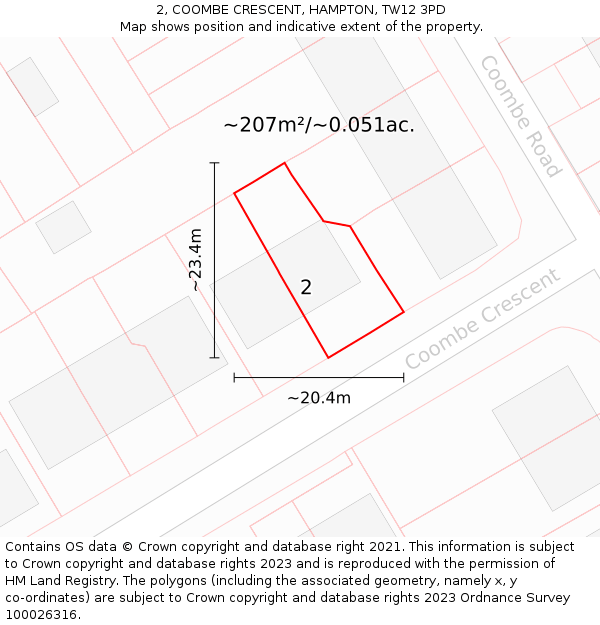 2, COOMBE CRESCENT, HAMPTON, TW12 3PD: Plot and title map