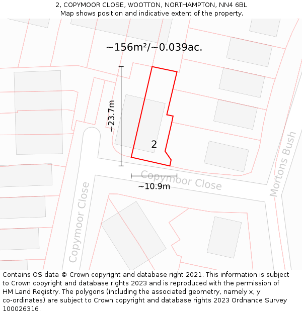2, COPYMOOR CLOSE, WOOTTON, NORTHAMPTON, NN4 6BL: Plot and title map