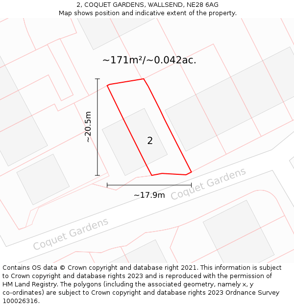 2, COQUET GARDENS, WALLSEND, NE28 6AG: Plot and title map