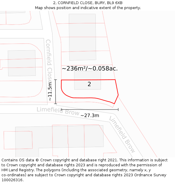 2, CORNFIELD CLOSE, BURY, BL9 6XB: Plot and title map