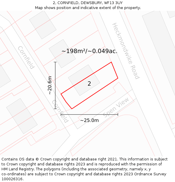 2, CORNFIELD, DEWSBURY, WF13 3UY: Plot and title map