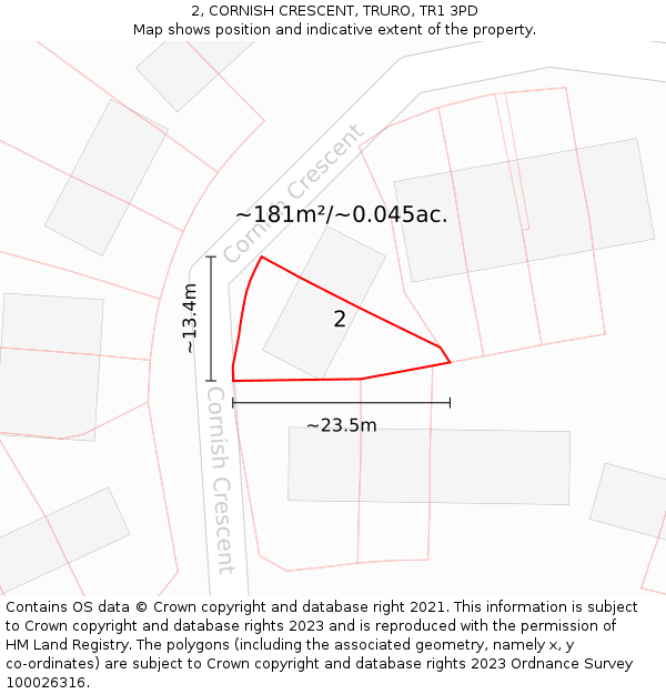 2, CORNISH CRESCENT, TRURO, TR1 3PD: Plot and title map