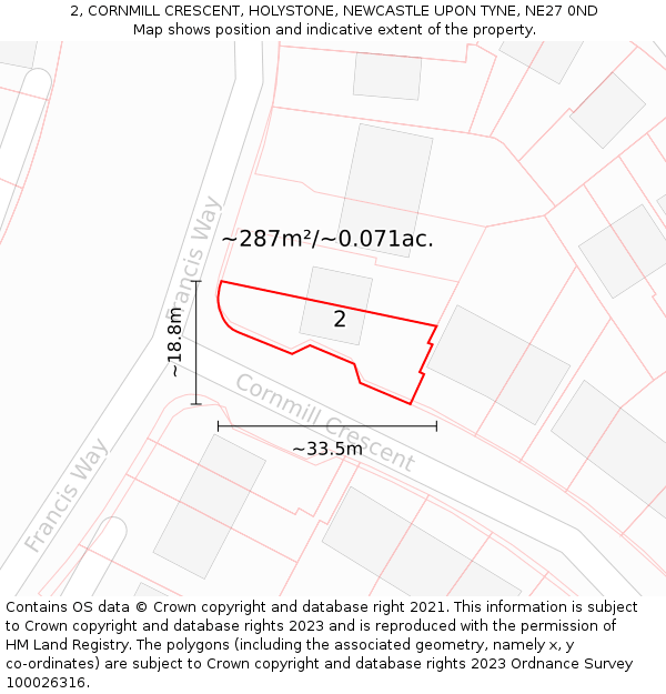 2, CORNMILL CRESCENT, HOLYSTONE, NEWCASTLE UPON TYNE, NE27 0ND: Plot and title map