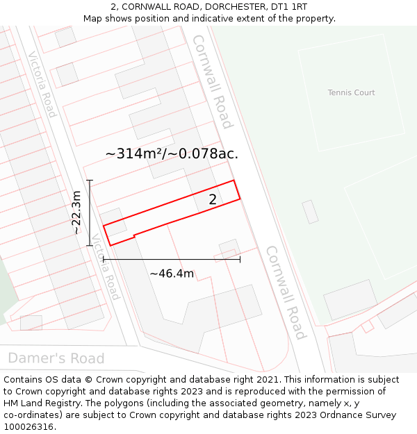 2, CORNWALL ROAD, DORCHESTER, DT1 1RT: Plot and title map
