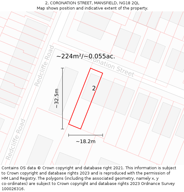 2, CORONATION STREET, MANSFIELD, NG18 2QL: Plot and title map