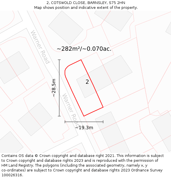 2, COTSWOLD CLOSE, BARNSLEY, S75 2HN: Plot and title map