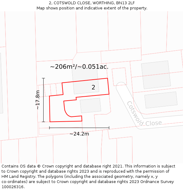 2, COTSWOLD CLOSE, WORTHING, BN13 2LF: Plot and title map