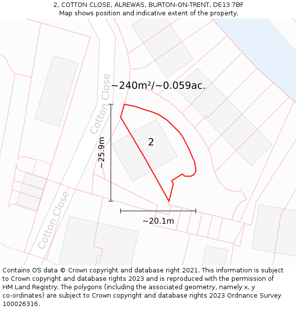 2, COTTON CLOSE, ALREWAS, BURTON-ON-TRENT, DE13 7BF: Plot and title map