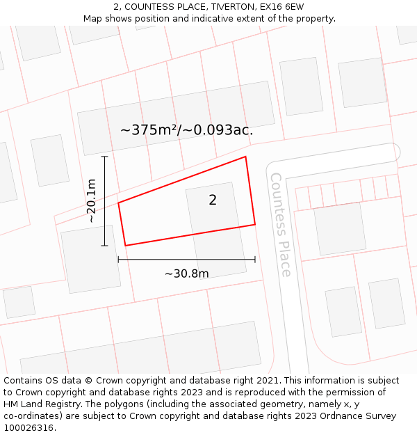 2, COUNTESS PLACE, TIVERTON, EX16 6EW: Plot and title map