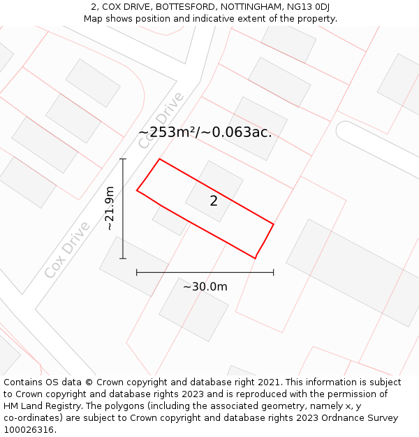 2, COX DRIVE, BOTTESFORD, NOTTINGHAM, NG13 0DJ: Plot and title map