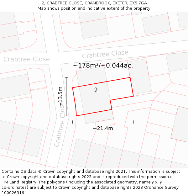 2, CRABTREE CLOSE, CRANBROOK, EXETER, EX5 7GA: Plot and title map