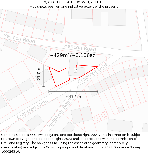 2, CRABTREE LANE, BODMIN, PL31 1BJ: Plot and title map