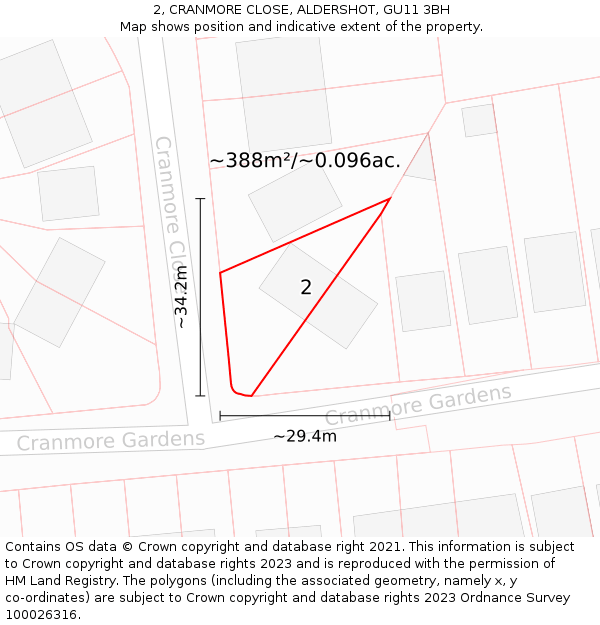2, CRANMORE CLOSE, ALDERSHOT, GU11 3BH: Plot and title map