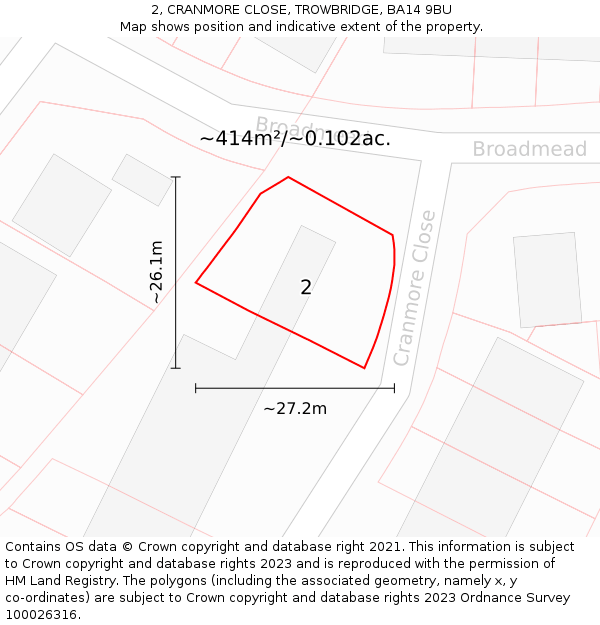 2, CRANMORE CLOSE, TROWBRIDGE, BA14 9BU: Plot and title map