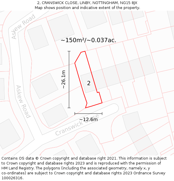 2, CRANSWICK CLOSE, LINBY, NOTTINGHAM, NG15 8JX: Plot and title map