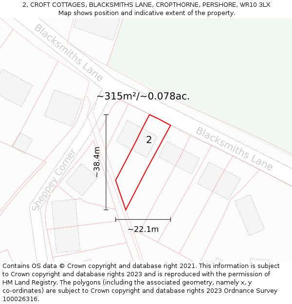 2, CROFT COTTAGES, BLACKSMITHS LANE, CROPTHORNE, PERSHORE, WR10 3LX: Plot and title map