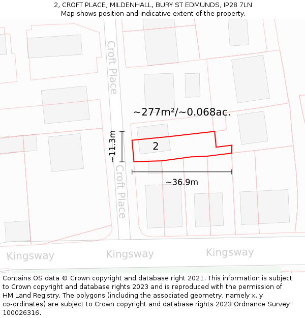 2, CROFT PLACE, MILDENHALL, BURY ST EDMUNDS, IP28 7LN: Plot and title map