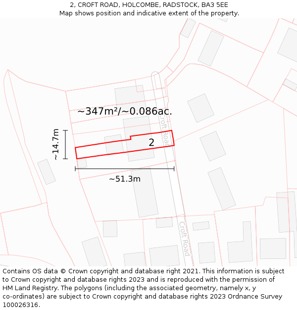 2, CROFT ROAD, HOLCOMBE, RADSTOCK, BA3 5EE: Plot and title map